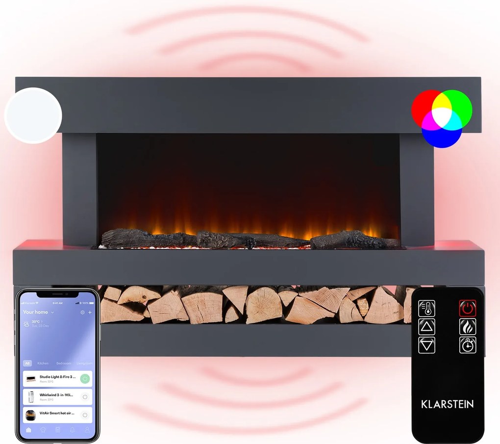 Klarstein Studio Light & Fire 3 Smart, Șemineu, 1000 / 2000 W, MDF, WiFi Control