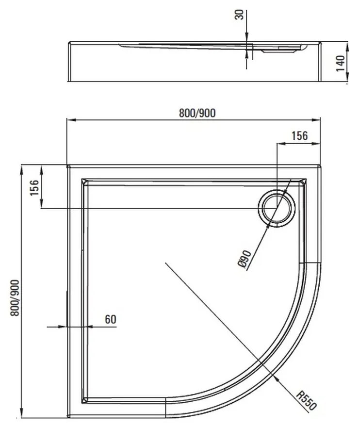 Cadita dus semirotunda alba 90x90 cm Jasmin, Deante 900x900 mm