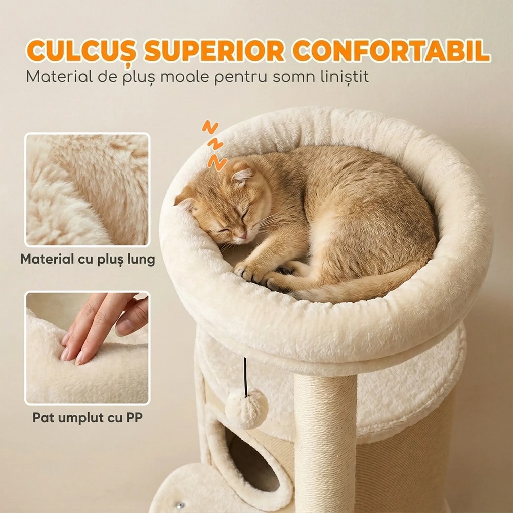 PawHut Ansamblu Joacă Pisici cu Sisal, Turn Multinivel 90 cm cu Culcuș și Platforme, 55x39x90 cm, Bej | Aosom Romania