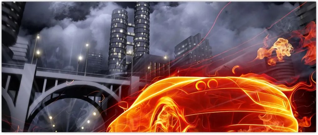 Tablou cu mașina în flăcărată (120x50 cm)