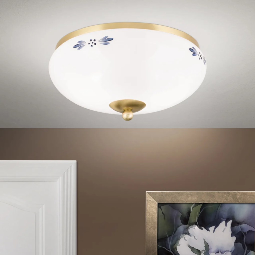 Plafoniera clasica Landhaus 28cm alama satin/ sticla opal decor albastru