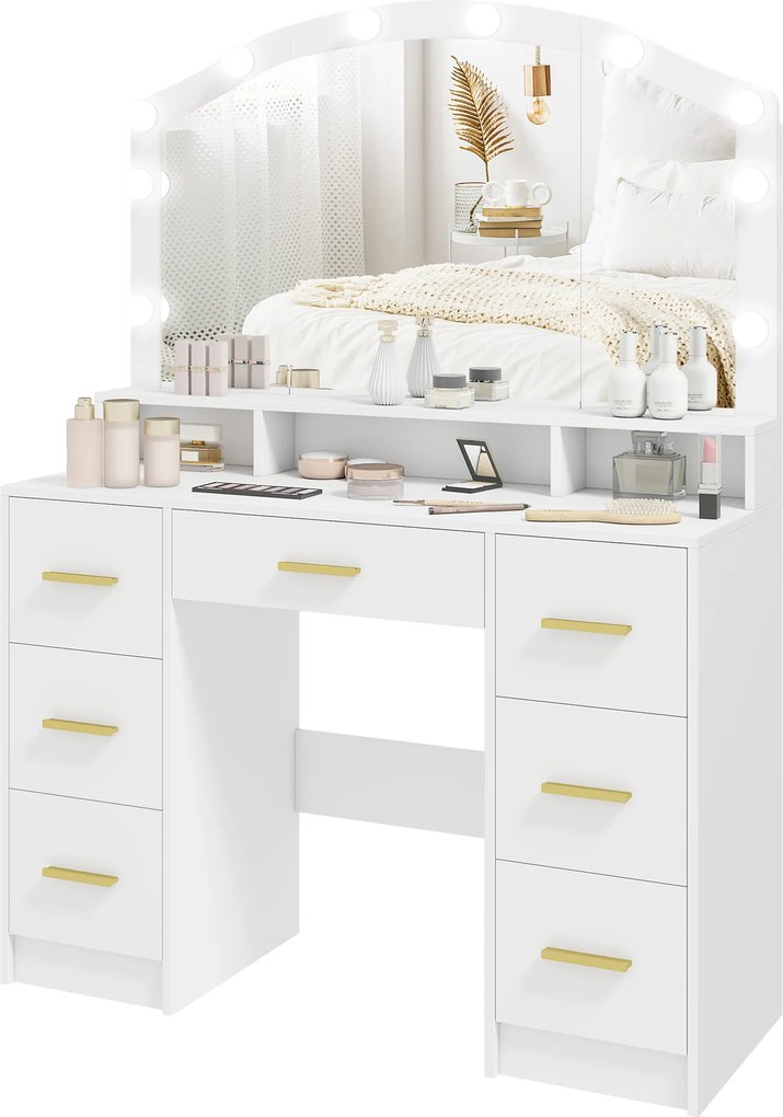 HOMCOM Masă de machiaj cu 10 becuri LED Hollywood, oglindă, 7 sertare, 3 compartimente, MDF, Alb | Aosom Romania