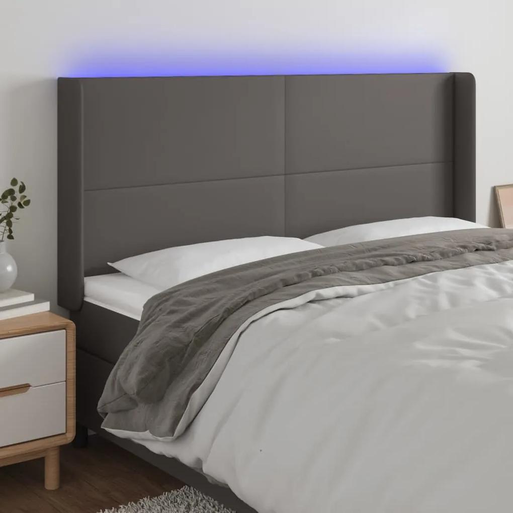 3123868 vidaXL Tăblie de pat cu LED, gri, 163x16x118/128 cm, piele ecologică
