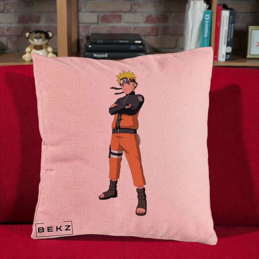 Perna Personalizata Naruto Uzumaki Portret Complet, 40x40 cm, Roz, Husa Detasabila, Perna Inclusa, BEKZ®