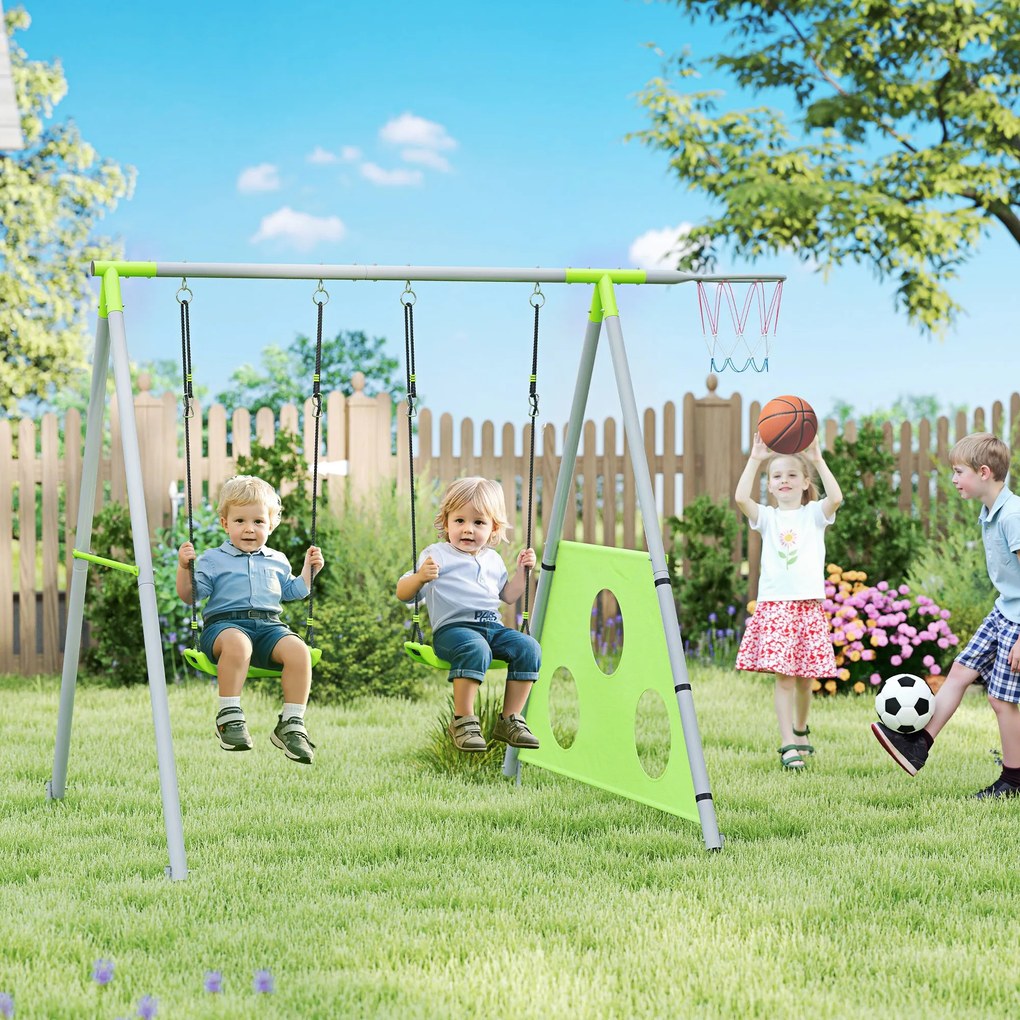 AIYAPLAY Leagăn de Grădină 3 în 1 pentru Copii 3-8 Ani cu Coș de Baschet și Poartă de Fotbal, 238x180x182 cm, Verde | Aosom Romania