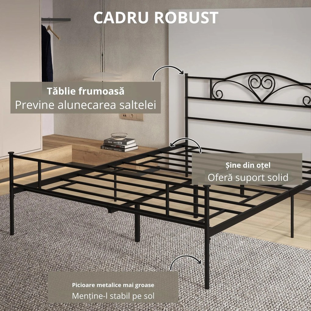 HOMCOM Structura Pat Matrimonial din Otel 160x200cm cu Sipci Integrate, Tetiera si Tablie, Spatiu de Depozitare, Negru | Aosom Romania