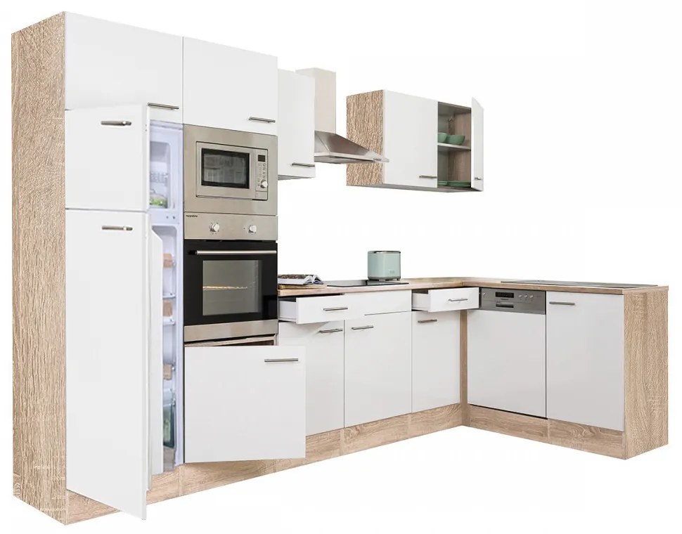 Mobilă de bucătărie de colț Yorki 340, corp din stejar Sonoma, cu față alb satinat