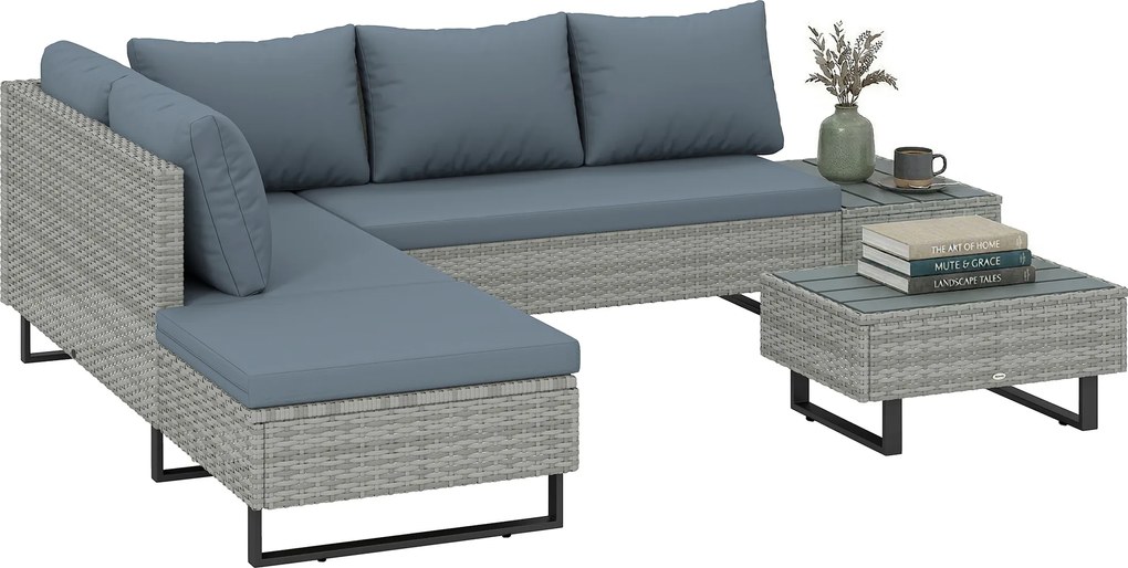 Outsunny Set Mobilier de Grădină 3 Piese din Ratan, Canapea Colțar în L cu Spătar Reglabil și Masă Imitatie Lemn, Gri | Aosom Romania