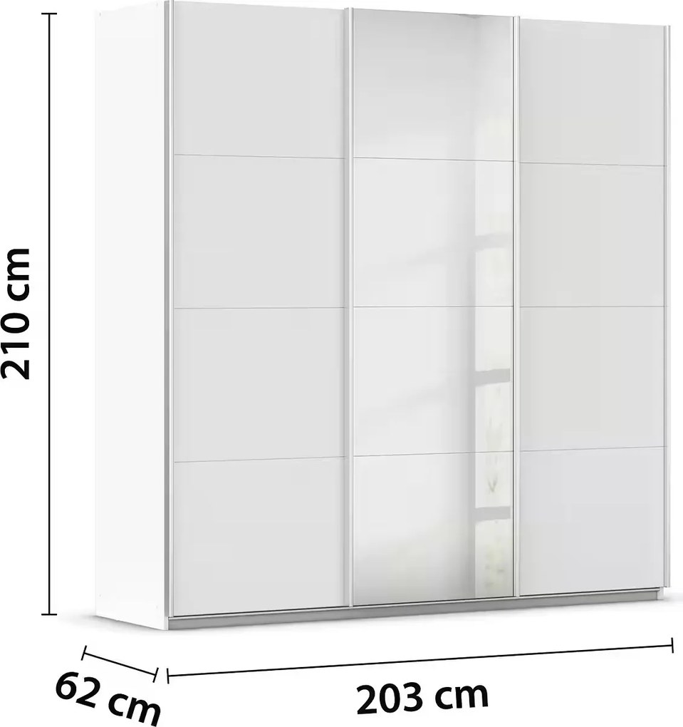 Dressing 203 cm lungime, 3 usi glisante, oglinda pe mijloc, compartimentare premium, 210 cm înălțime