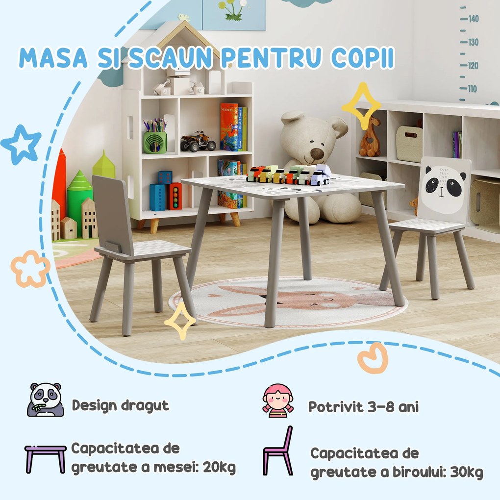 ZONEKIZ Set Masă și 2 Scaune pentru Copii de 3-8 Ani cu Desene de Animale, 60x60x44 cm, Gri | Aosom Romania