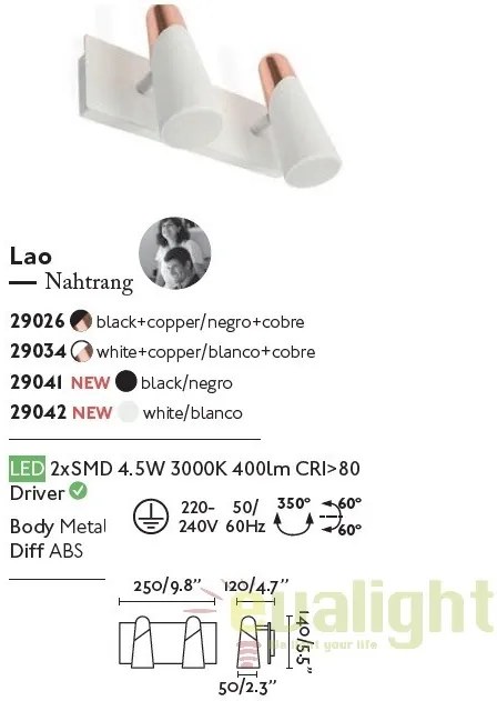 Aplica perete LED moderna cu 2 spoturi LAO alb 29042