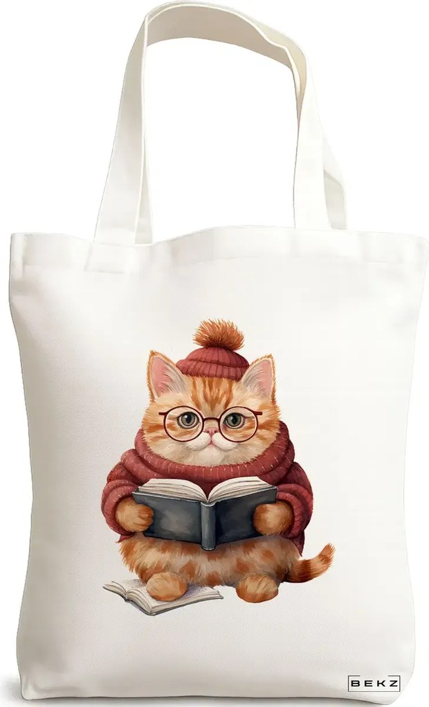 Sacosa de Panza pentru Cumparaturi, Geanta Tote, model Reading cat 1 38 x 34.5 cm, Alba, BEKZ®