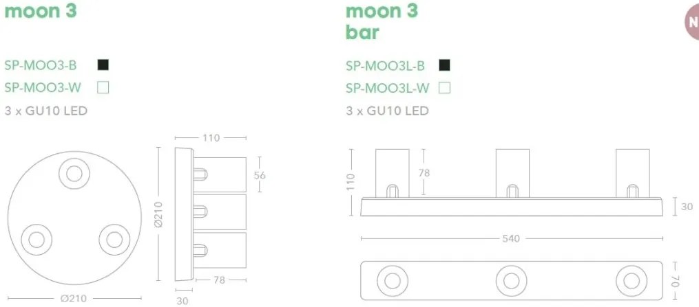 Corp aplicat cu 3 spoturi directionabile Moon 3 Bar, negru