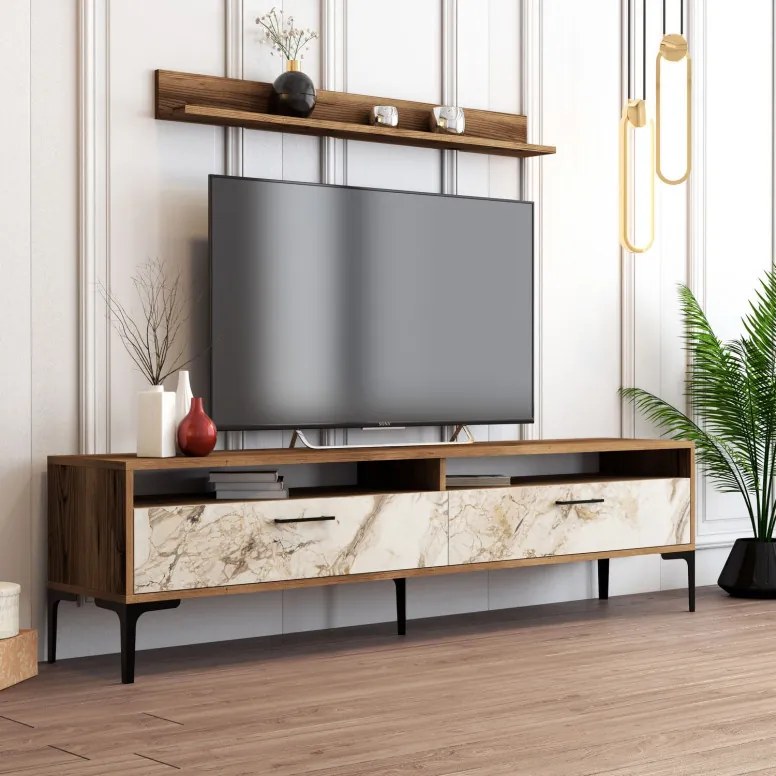 Comoda TV Istanbul - Walnut, Alb Marble