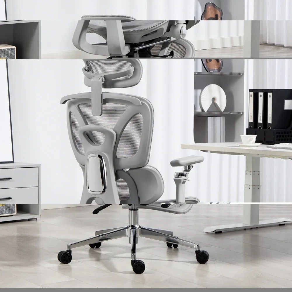 METACHAIR DORO VENT Scaun ergonomic, sezut cu ventilatie, suport lombar dinamic, spătar reglabil înălțime, cotiere 6D, tetieră 2D, suport picioare, mecanism multifunctional inclinare/blocare, pivotant, Mesh, Gri