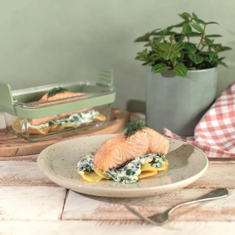 Set 2 forme de copt pentru cuptor si friteuze cu aer cald Lekue 1010158, Manere din silicon, Sticla borosilicata, Verde