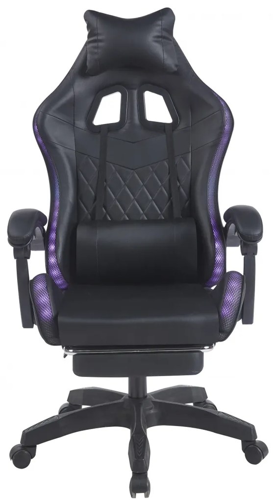 Scaun gaming, sistem iluminare bandă LED RGB, masaj în perna lombară, suport picioare, Negru