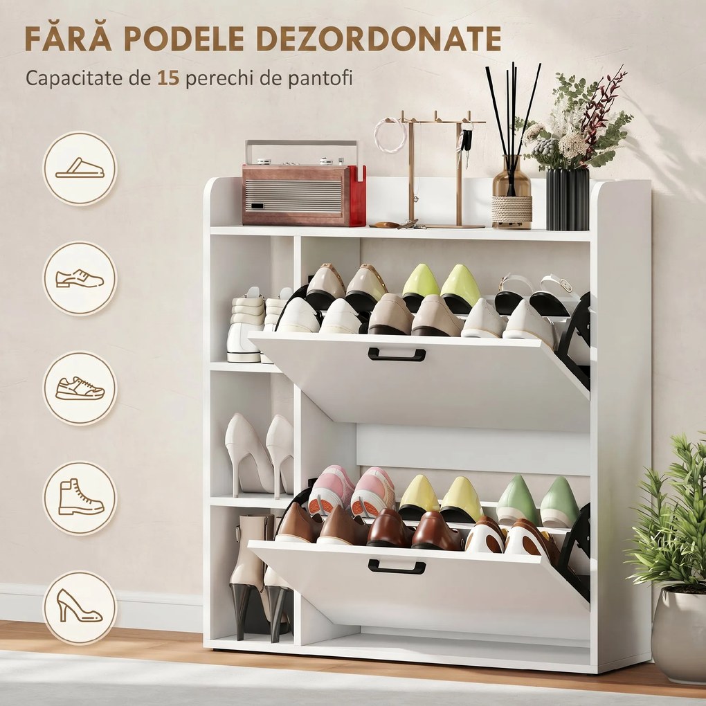 HOMCOM Dulap pentru pantofi slim cu 2 sertare rabatabile și 3 rafturi, Capacitate 15 perechi, 83x24x90.5 cm, Alb | Aosom Romania