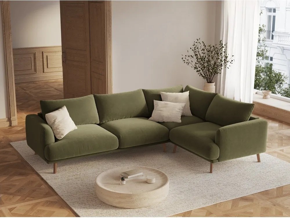 Colțar verde cu tapițerie din catifea (cu colț pe partea dreaptă/în formă de ”L”) Naomi – Micadoni