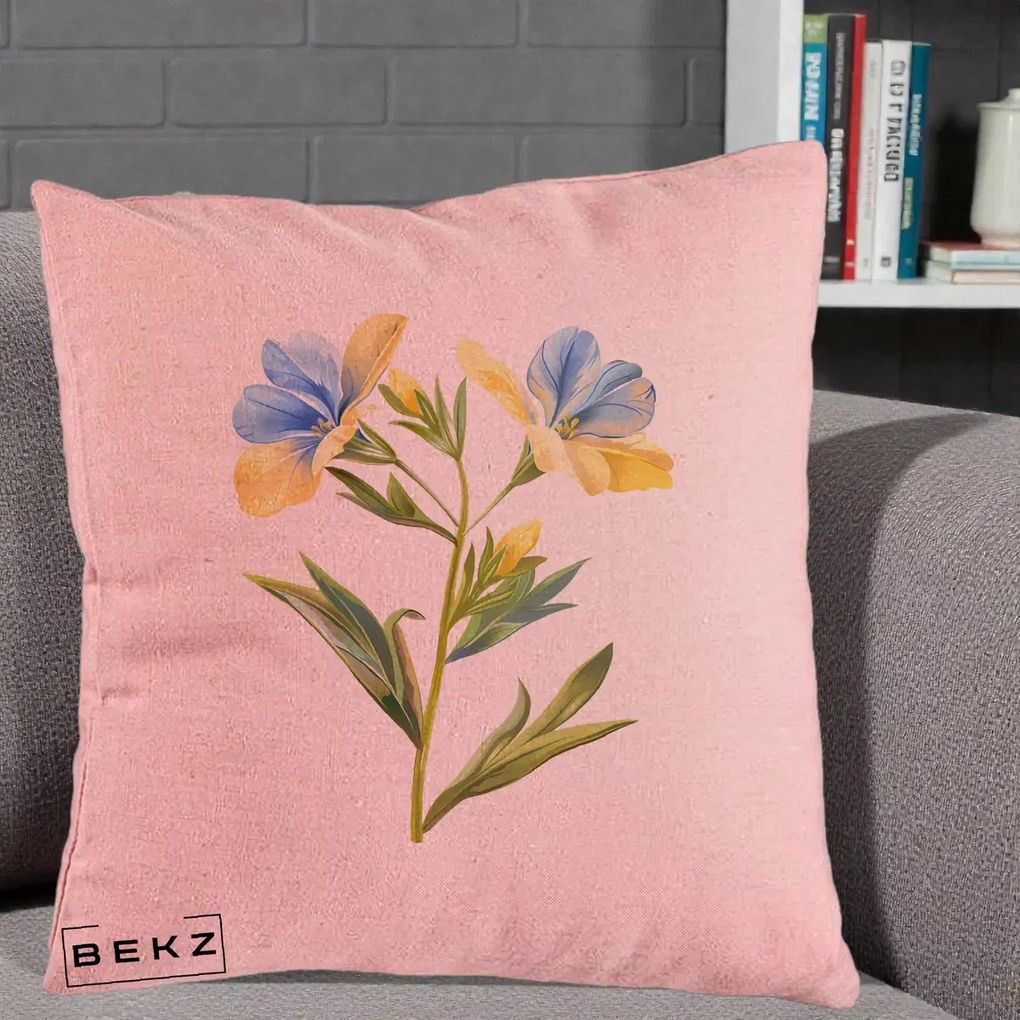 Perna Decorativa Botanica Frezie Galbena si Albastra, 40x40 cm, Roz, Husa Detasabila, Perna Inclusa, BEKZ®