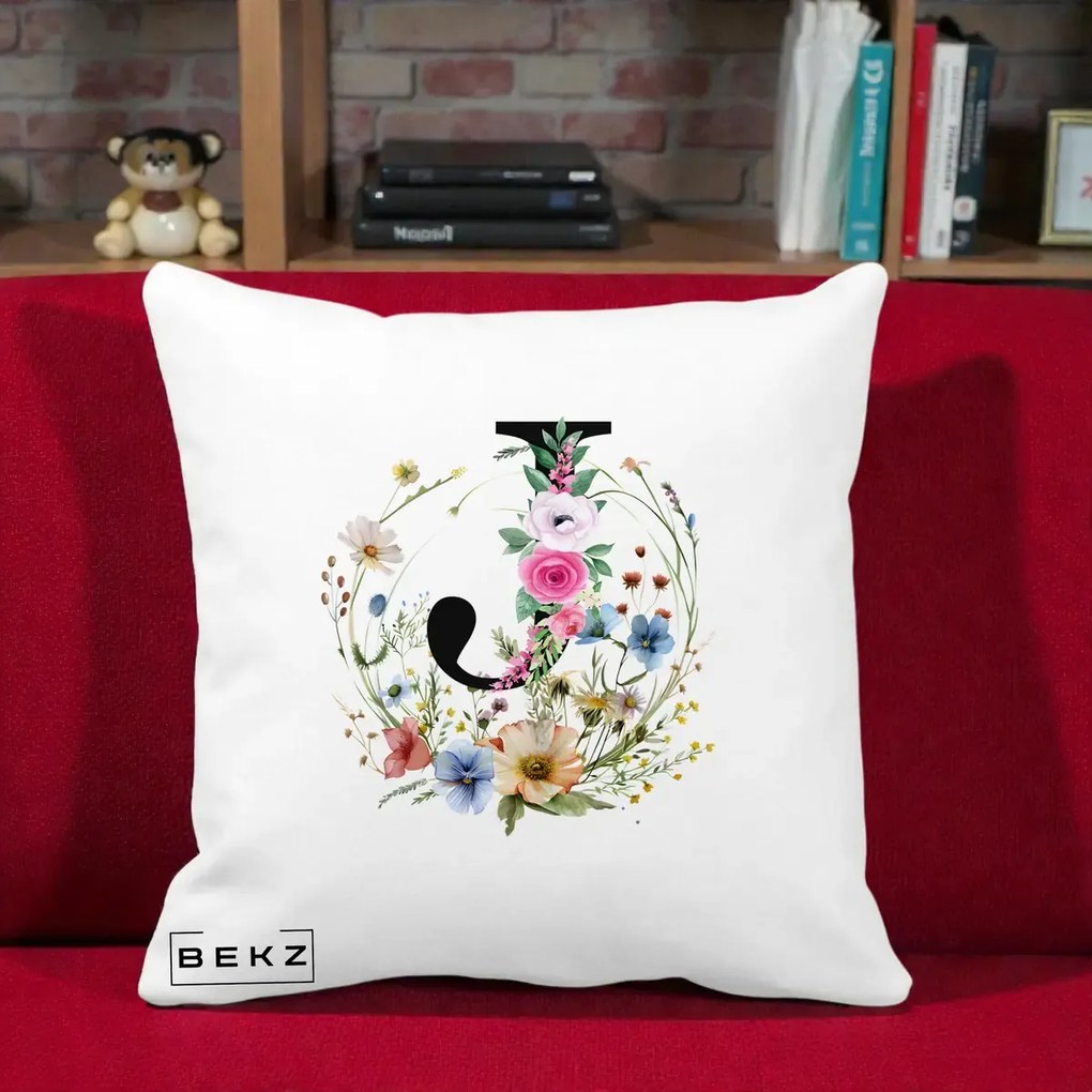 Cadou Personalizat - Perna Personalizata Monogram Litera J cu Flori Acuarela, 40x40 cm, Alba Mata, Husa Detasabila, Perna Inclusa, BEKZ®