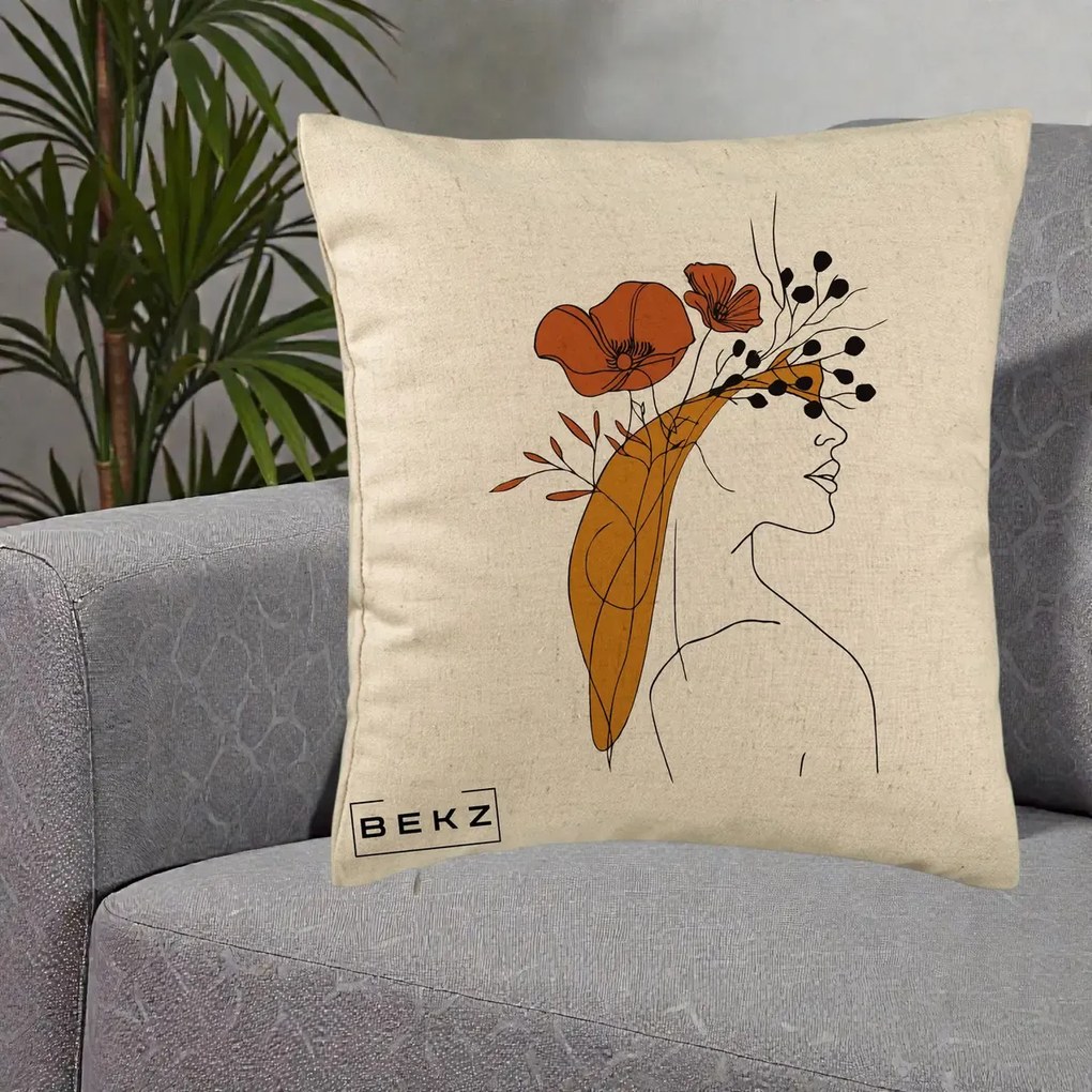Perna Decorativa Portret Feminin Maci Rosii Auriu, 40x40 cm, Bej, Husa Detasabila, Perna Inclusa, BEKZ®