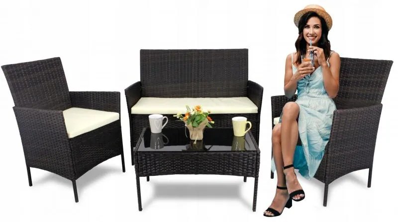 ShopJK MOBILIER DE GRĂDINĂ RATAN PATRU, MARO, PERNELE CREME