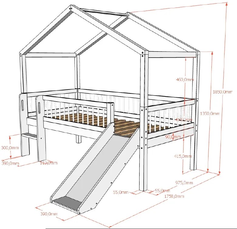 Pat Casă Înălțat Forrest Beech 90x200 cm, pentru Camera Copii, din Lemn de Fag Lăcuit Alb, cu Tobogan și Sertare – Vipack