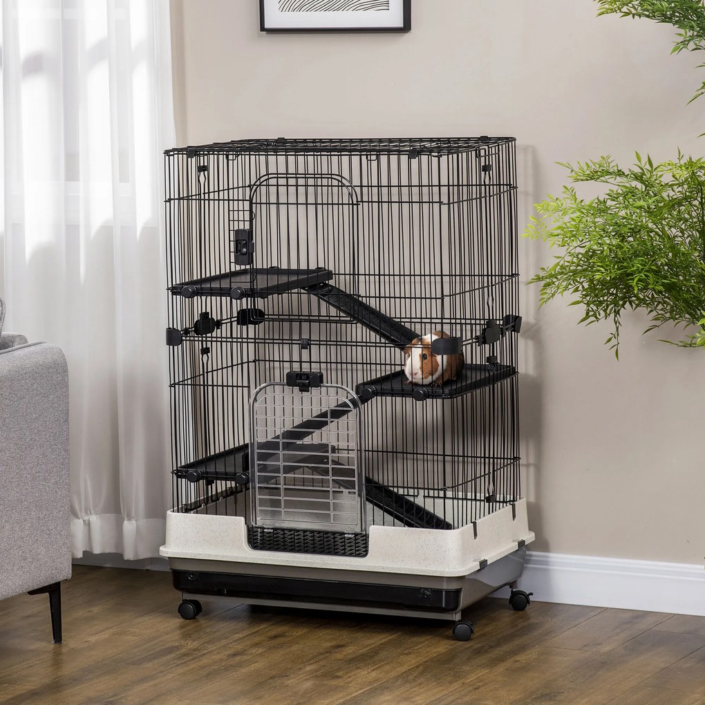 PawHut Cușcă pentru Hamsteri pe Trei Nivele, Căsuță cu Roți pentru Rozătoare, Iepuri și Porcușori de Guineea, 81,2x52,7x114 cm, Neagru | Aosom Romania