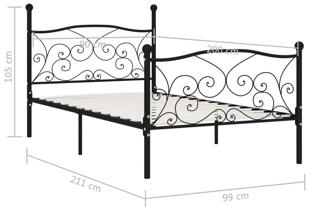 Cadru de pat cu baza din sipci, negru, 90 x 200 cm, metal Negru, 90 x 200 cm