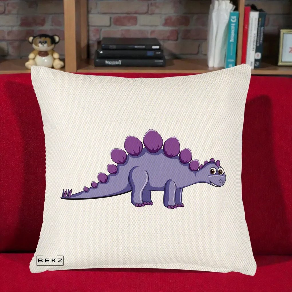 Perna Personalizata Stegozaur Mov, 40x40 cm, Crem Reliefat, Husa Detasabila, Perna Inclusa, BEKZ®