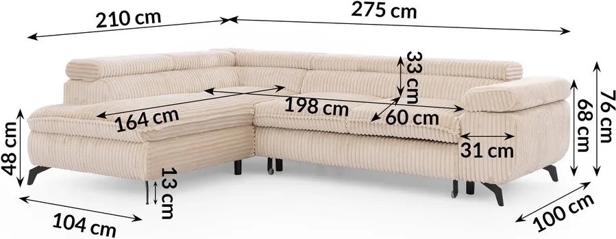 Colțar bej cu tapițerie din catifea reiată (cu colț pe partea stângă/în formă de ”L”) Marbeya – Ropez