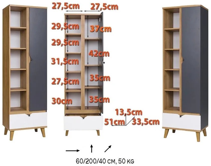 Dulap cu rafturi Mimone R1D1SZ (Stejar auriu + Alb mat + grafit). 1051780
