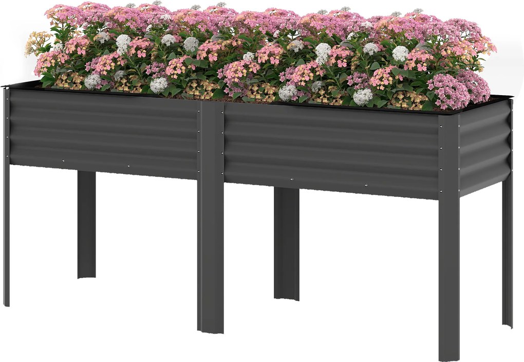 Outsunny Pat de grădină înălțat din metal, cutie de plantare extra mare cu traverse de întărire și insert din material nețesut, 180 x 55 x 80 cm, gri închis | Aosom Romania