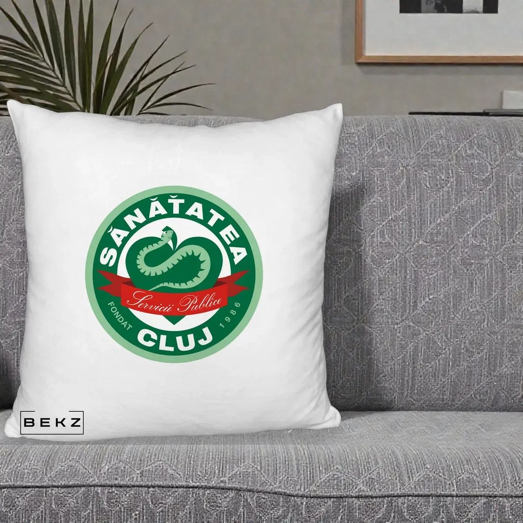 Perna Personalizata Sanatatea Cluj Servicii Publice 1986, 40x40 cm, Alb Pufos, Husa Detasabila, Perna Inclusa, BEKZ®
