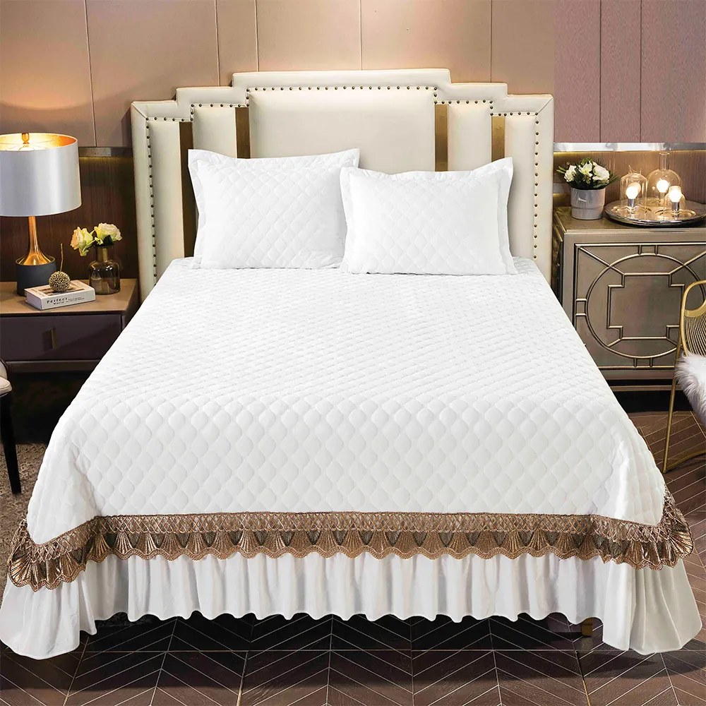 Cuvertură catifea matlasată cu broderie, alb, 3 piese, 220x240 cm, CC79