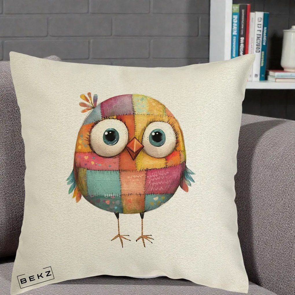 Perna decorativa Pasare Patchwork Colorata, 40x40 cm cu Umplutura, Ecru, BEKZ
