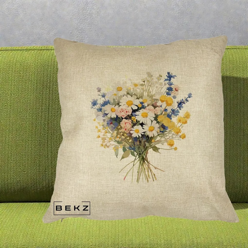 Perna Decorativa Buchet Camp Acuarela Margarete-Lavanda, 40x40 cm, Crem, Husa Detasabila, Perna Inclusa, BEKZ®