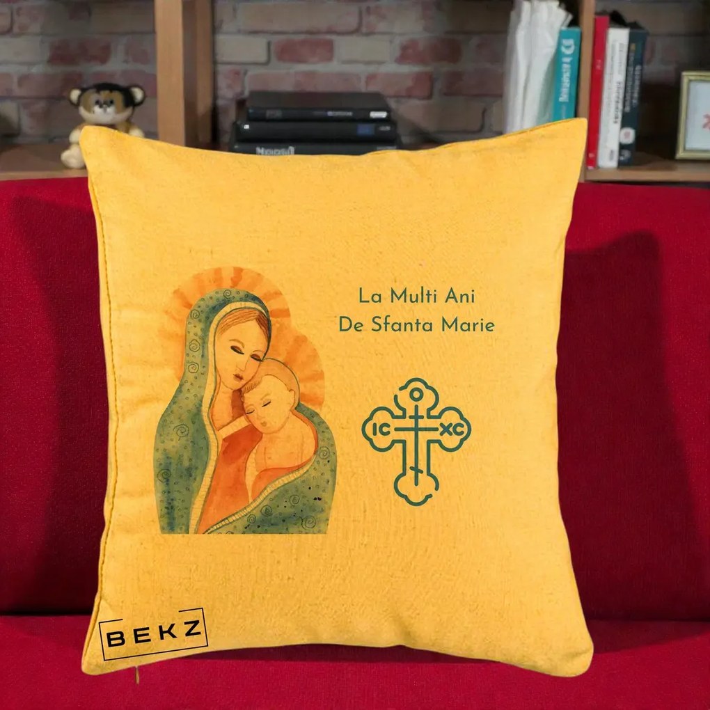 Cadou de Onomastica - Perna Personalizata Sfanta Marie Icoana Acuarela, 40x40 cm, Galben, Husa Detasabila, Perna Inclusa, BEKZ®