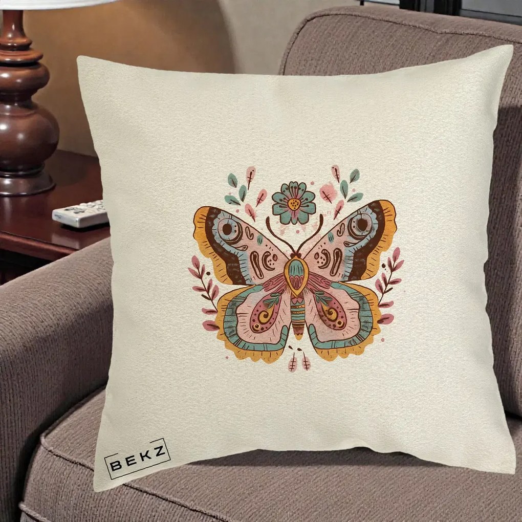 Perna Decorativa Fluture Boho Floral, 40x40 cm, Ecru, Husa Detasabila, Perna Inclusa, BEKZ®