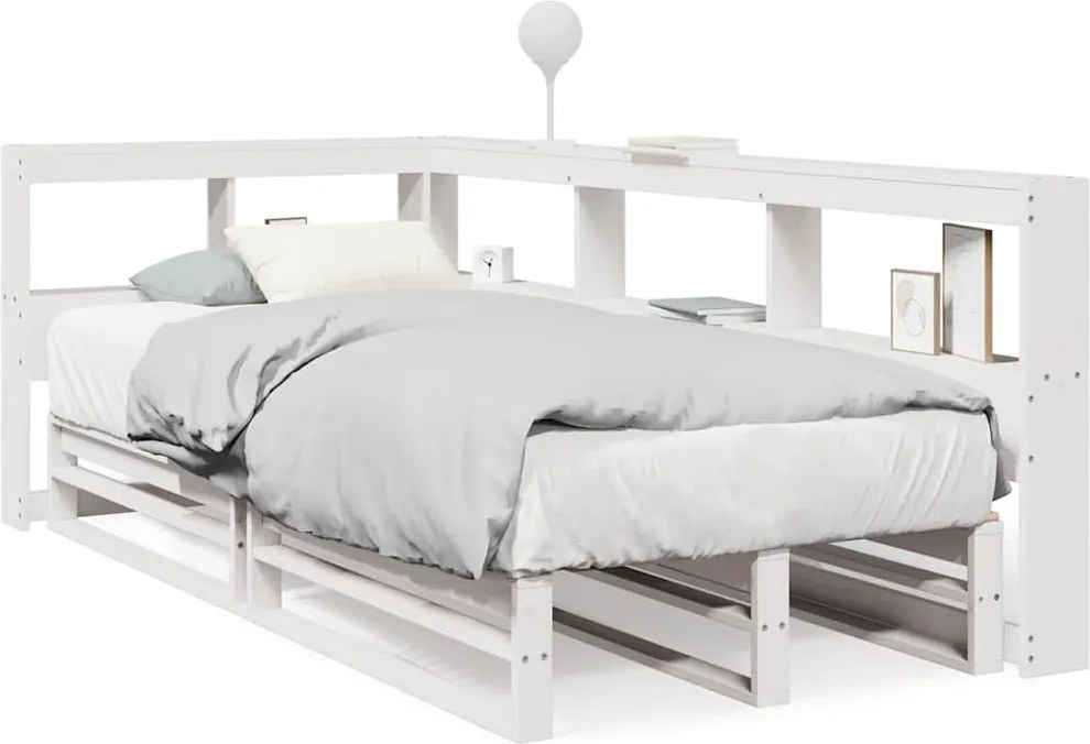 vidaXL Pat cu bibliotecă fără saltea, alb, 90x190 cm, lemn masiv pin