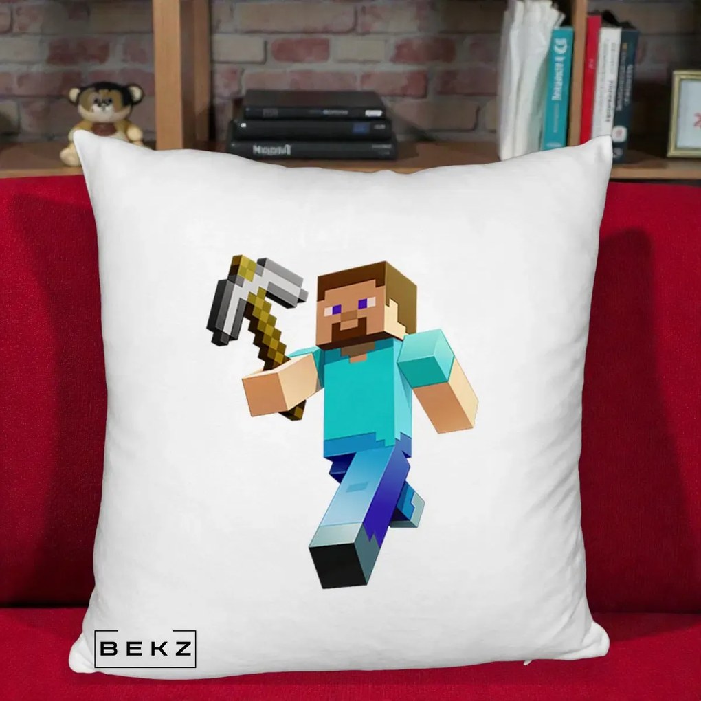 Perna Personalizata Minecraft Steve cu Tarnacop, 40x40 cm, Alb Pufos, Husa Detasabila, Perna Inclusa, BEKZ®