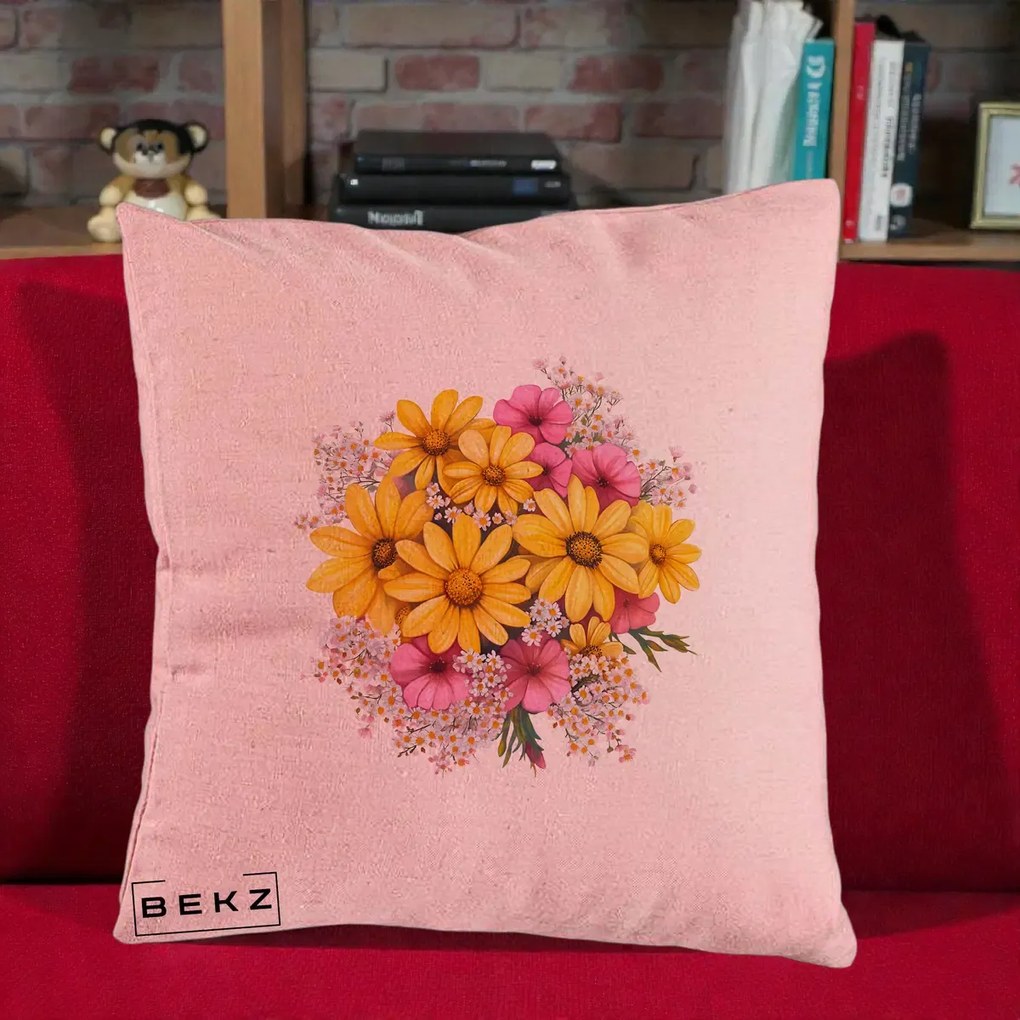 Perna Decorativa Floarea-Soarelui cu Cosmos Roz si Gypsophila, 40x40 cm, Roz, Husa Detasabila, Perna Inclusa, BEKZ®