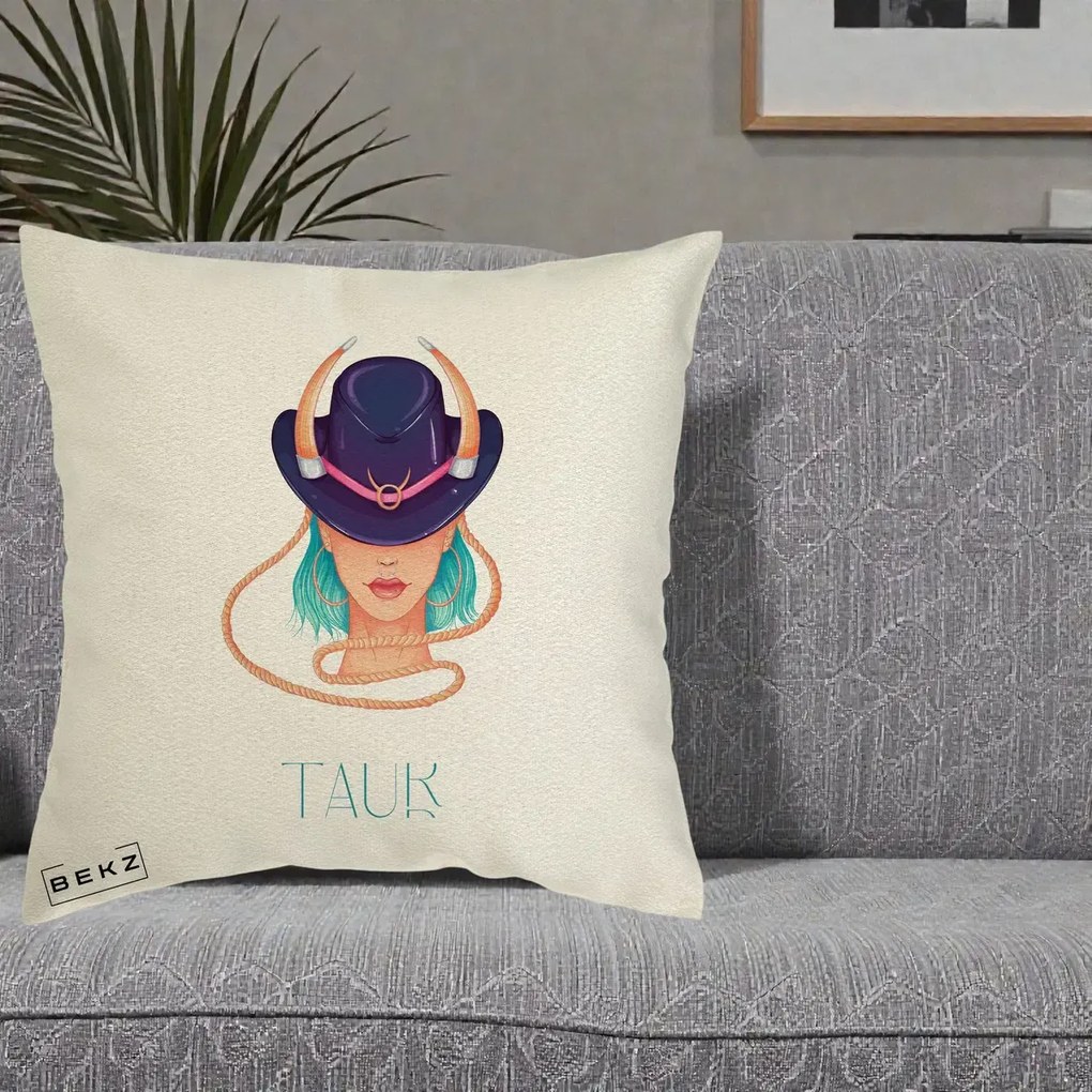 Perna Personalizata Zodie Taur, 40x40 cm, Ecru, Husa Detasabila, Perna Inclusa, BEKZ®