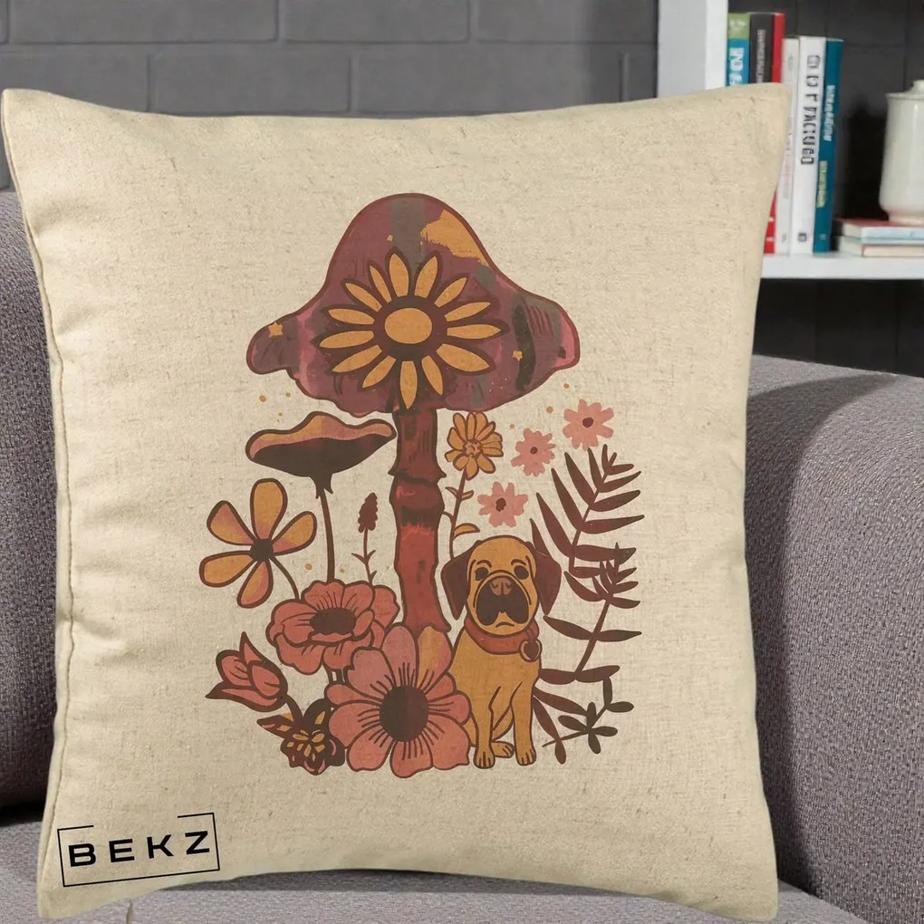 Perna Decorativa Ciuperca Caine Boho, 40x40 cm, Bej, Husa Detasabila, Perna Inclusa, BEKZ®