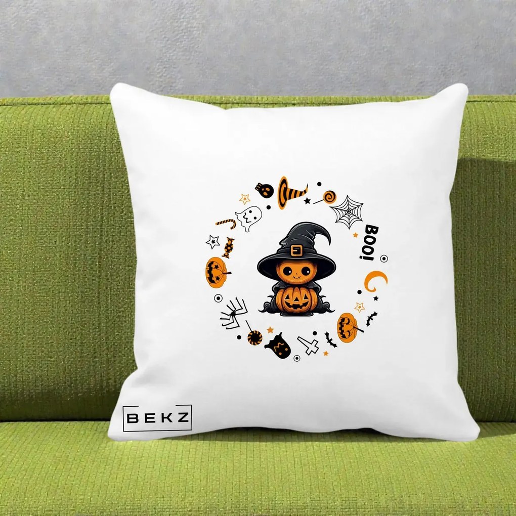 Perna Decorativa Halloween Dovleac Vrajitor Boo cu Simboluri, 40x40 cm, Alba Mata, Husa Detasabila, Perna Inclusa, BEKZ®