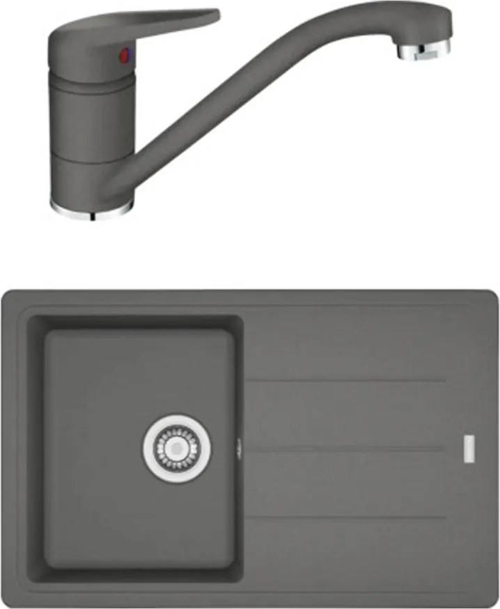 Set chiuveta bucatarie compozit Franke Basis 1 cuva cu picurator 78x50 cm finisaj Stone Grey mat cu baterie Novara Plus