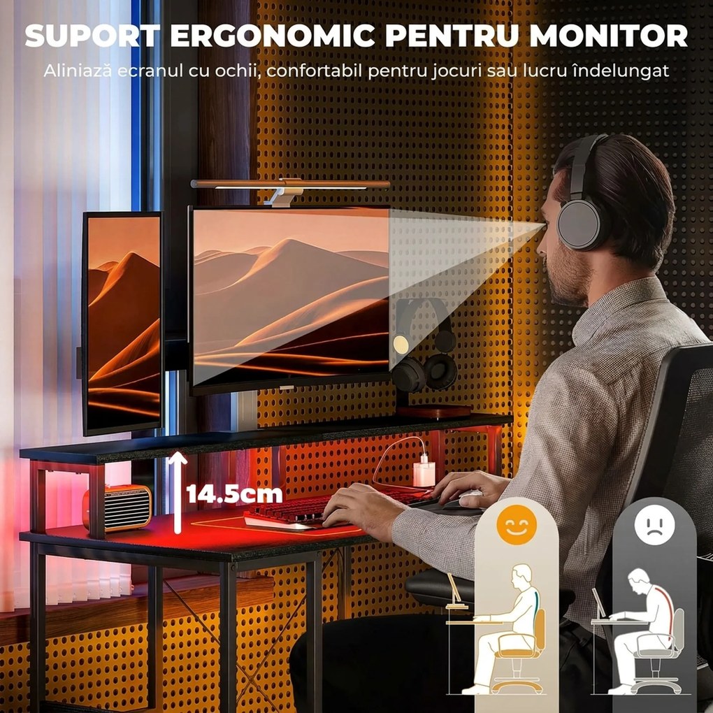 HOMCOM Birou Reversibil pentru Calculator cu Prize, Lumini LED, Suport Dublu și Rafturi Reglabile, 120x50x89,5 cm, Negru | Aosom Romania