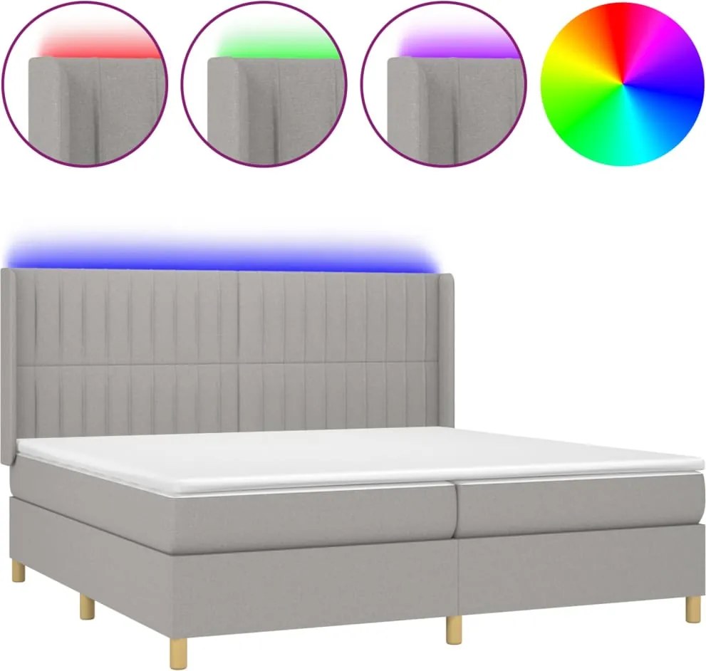 vidaXL Pat cu arcuri, saltea și LED, gri deschis, 200x200 cm, textil