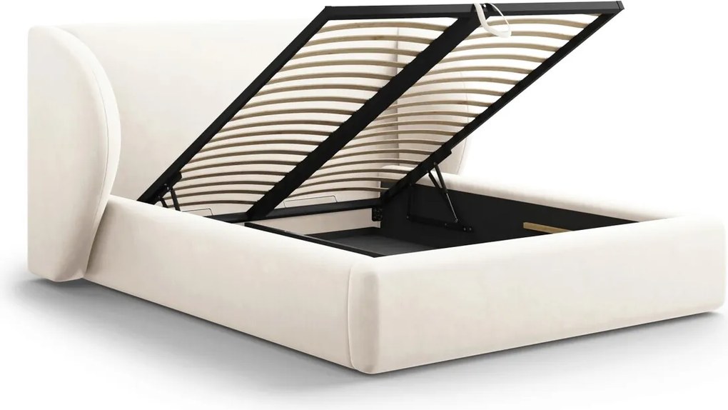 Pat tapitat cu tablie si lada depozitare, Miley, Micadoni Home, BL, 160x200 cm, catifea, bej deschis